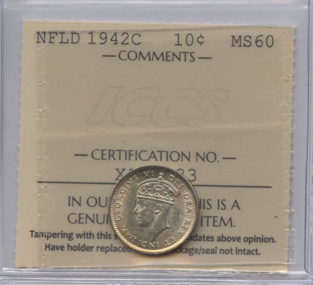 1942c Newfoundland Ten Cents - ICCS MS60   SC3