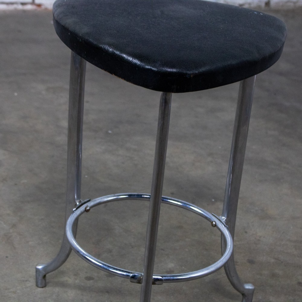 Art Deco Streamline Moderne Low Stool Solid Chrome Legs & Black Vinyl Seat