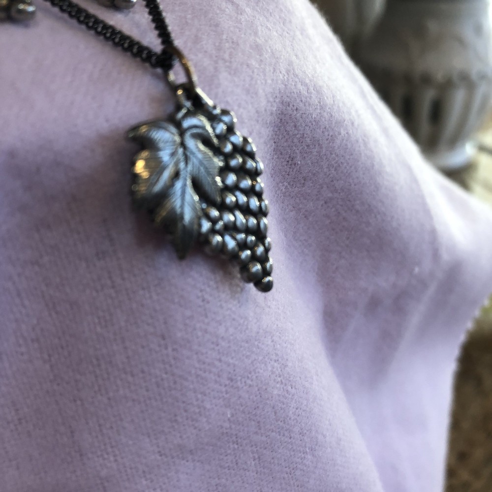 Vintage Pewter Grape Cluster Wine Leaf Necklace Earring Set Handmade Danforth 94