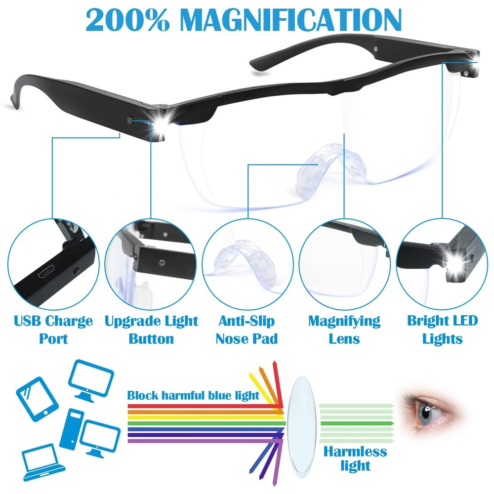 Magnifying Glasses with Light, 200% Magnification, USB Rechargeable Lighted M...