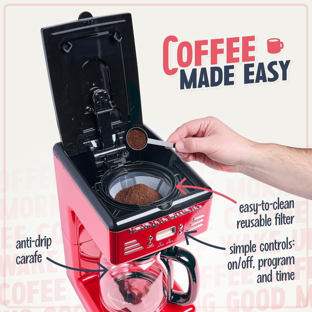Retro 12-Cup Programmable Coffee Maker with LED Display, Automatic Shut-Off Red