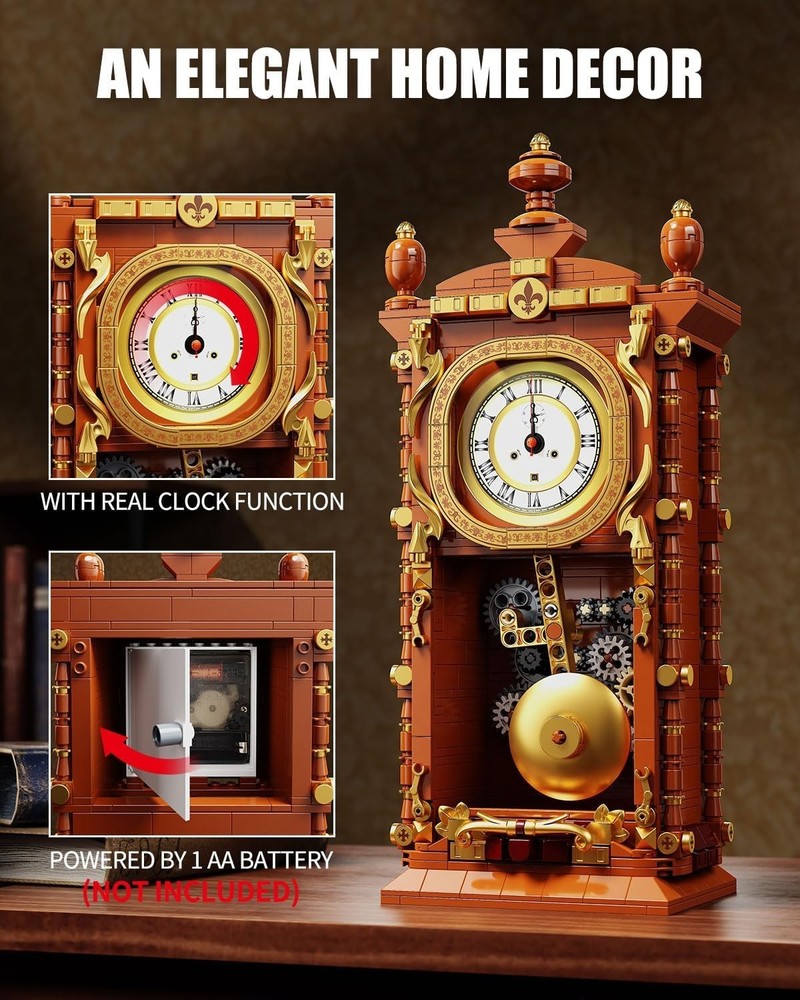 Vintage Pendulum Clock Building Block Set, Stem Toy with Real Clock Function