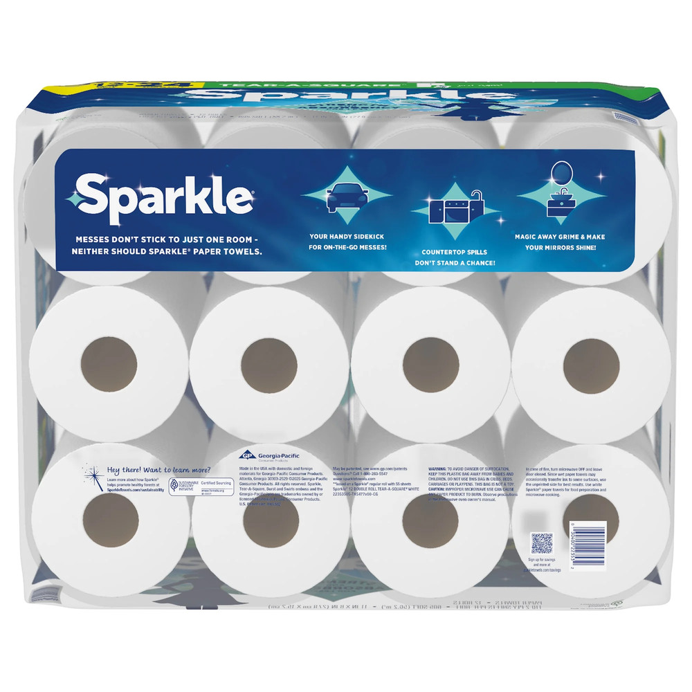 Sparkle Tear-A-Square Paper Towels, 12 Double Rolls