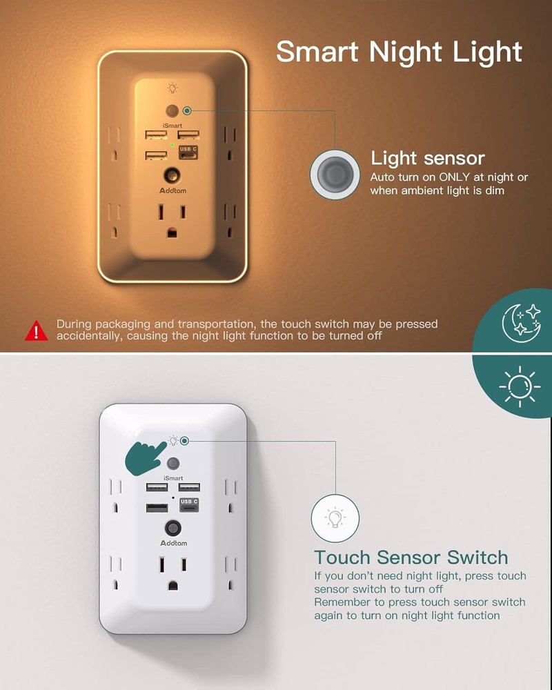 Surge Protector, Outlet Extender with Night Light, 5-Outlet Splitter and 4 USB