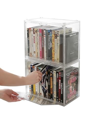 Stackable DVD Storage Box - 2-Pack Clear Organizer for CDs, Blu-ray, Video Games