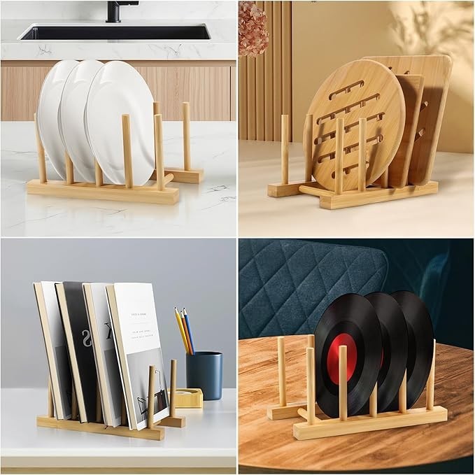 Pack Bamboo Kitchen Rack with 4 Slots and 5 Connector Pegs – Vertical Organizer