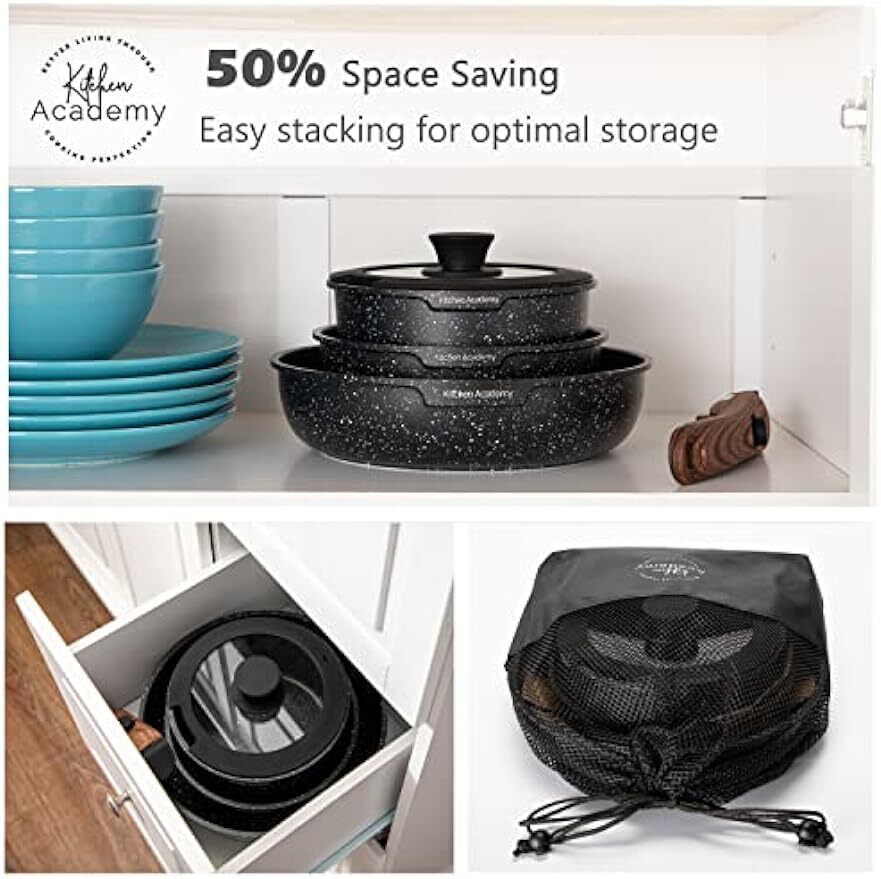 10 Pcs Non Stick Cookware Sets Pots Pans Removable Handle Stackable Cooking New