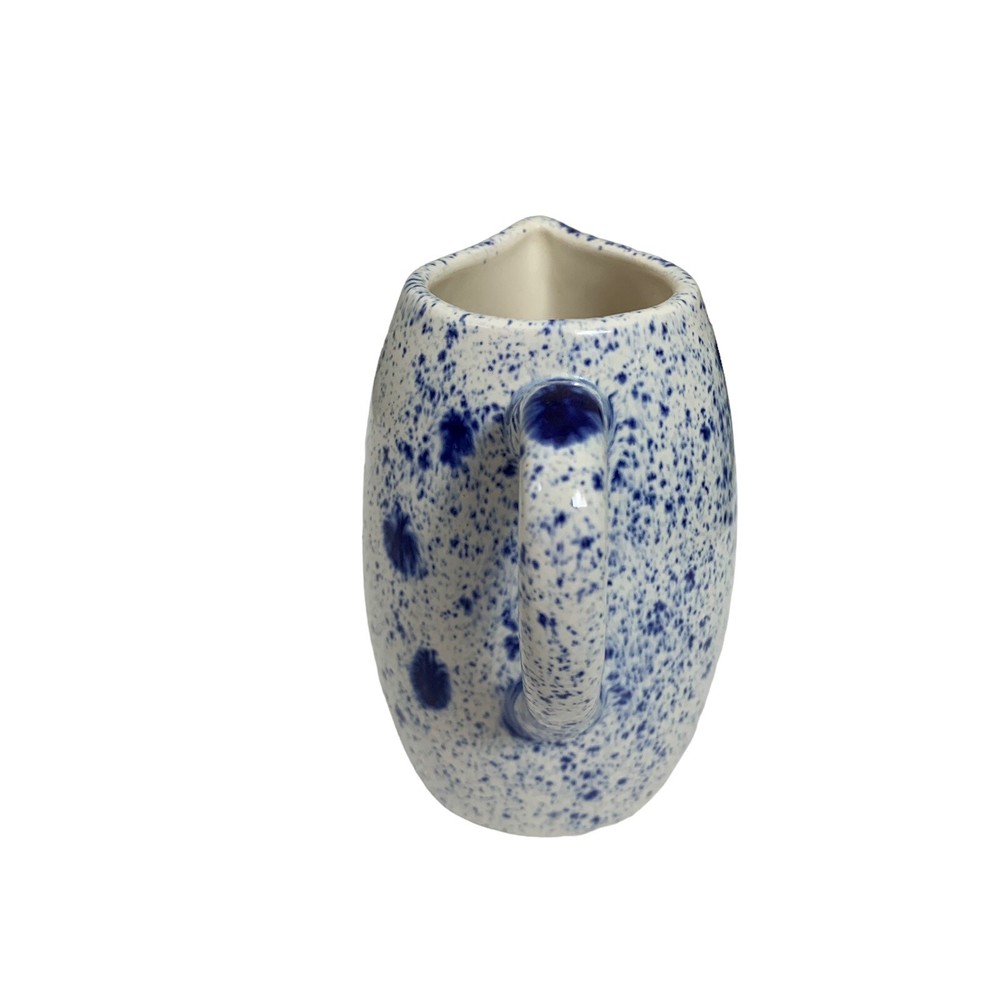 Small Ceramic Pitcher White Blue Splatter Signed Bottom 8 oz 4.25" tall Mini