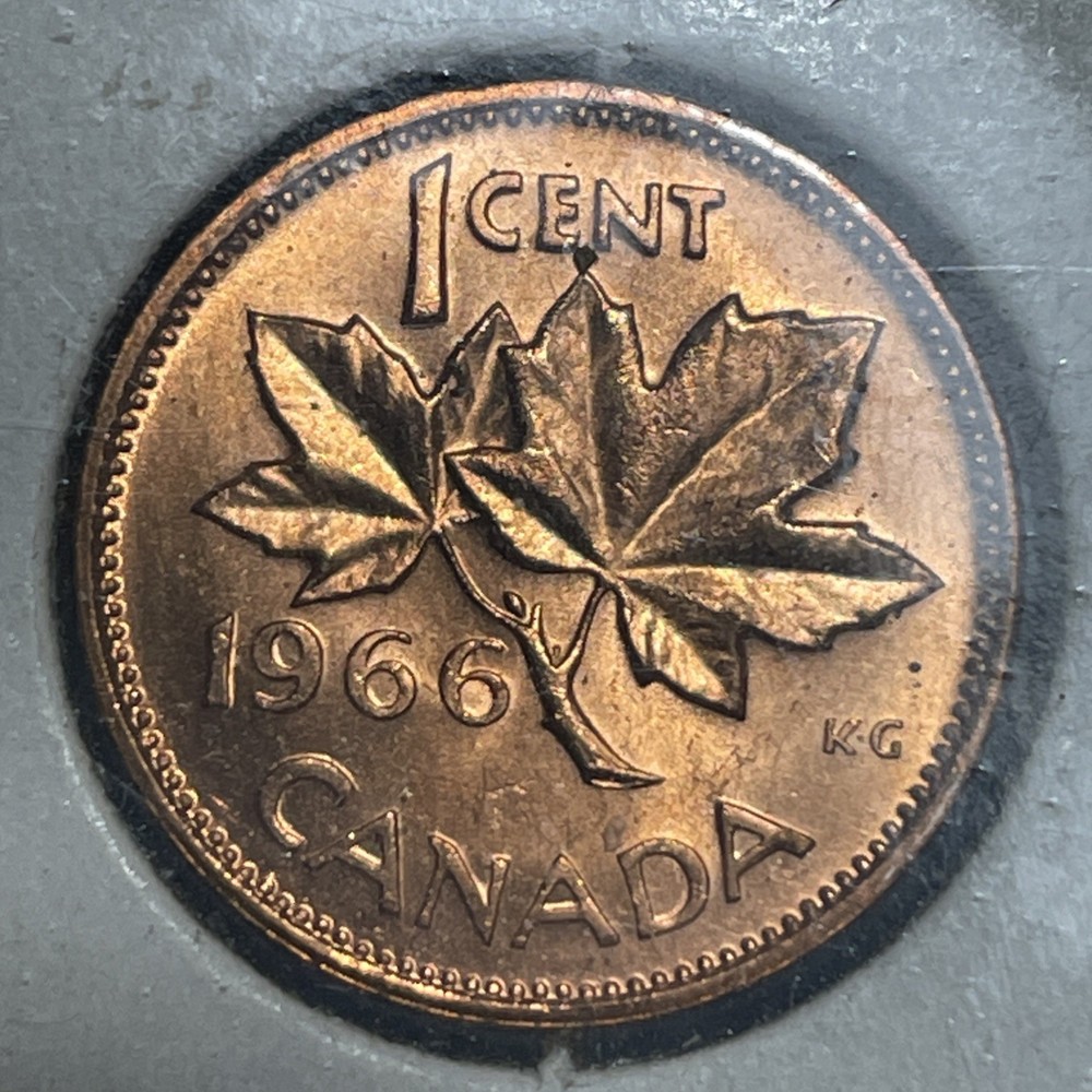Gem Brilliant Uncirculated Red Canada 1966 Maple Leaf Copper Cent