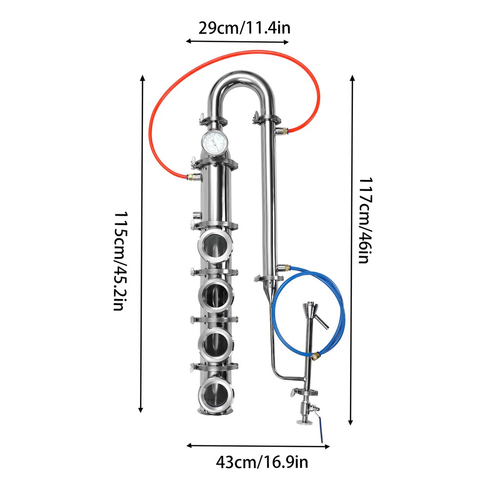 4" 4 Plate Stainless Moonshine Flute Still Column with Copper Bubble Plates