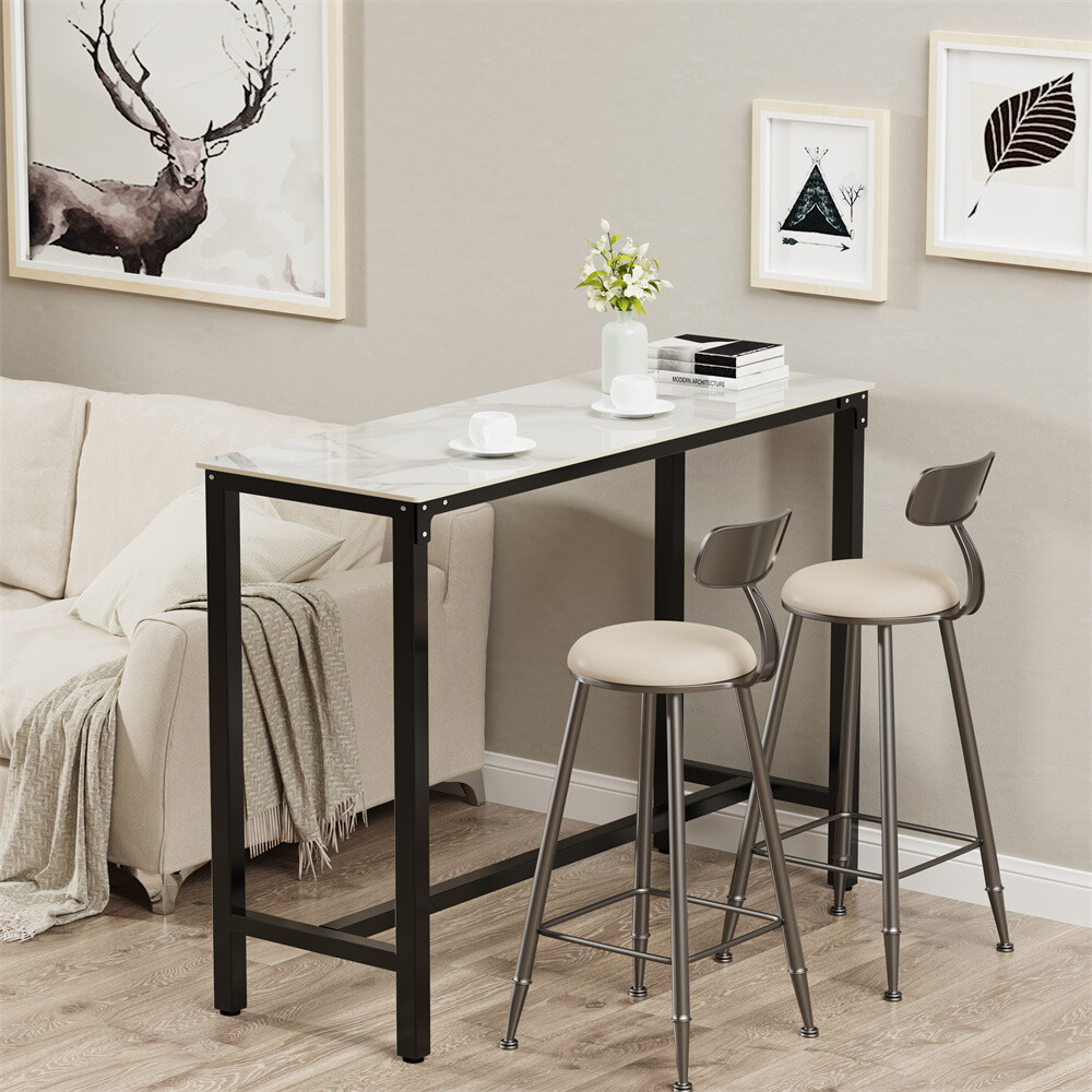 Extra Long Kitchen High Bar Table Narrow Rectangular Coffee Pub Table Marble Top