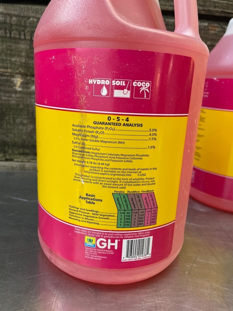LOT of 2 General Hydroponics Florabloom Nutrient Solution ! Gallon Bottles