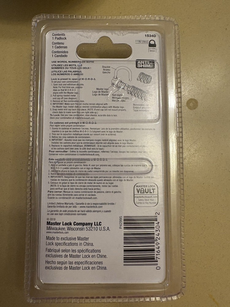 MASTER LOCK PADLOCK**WORD COMBO**1534D**NIP