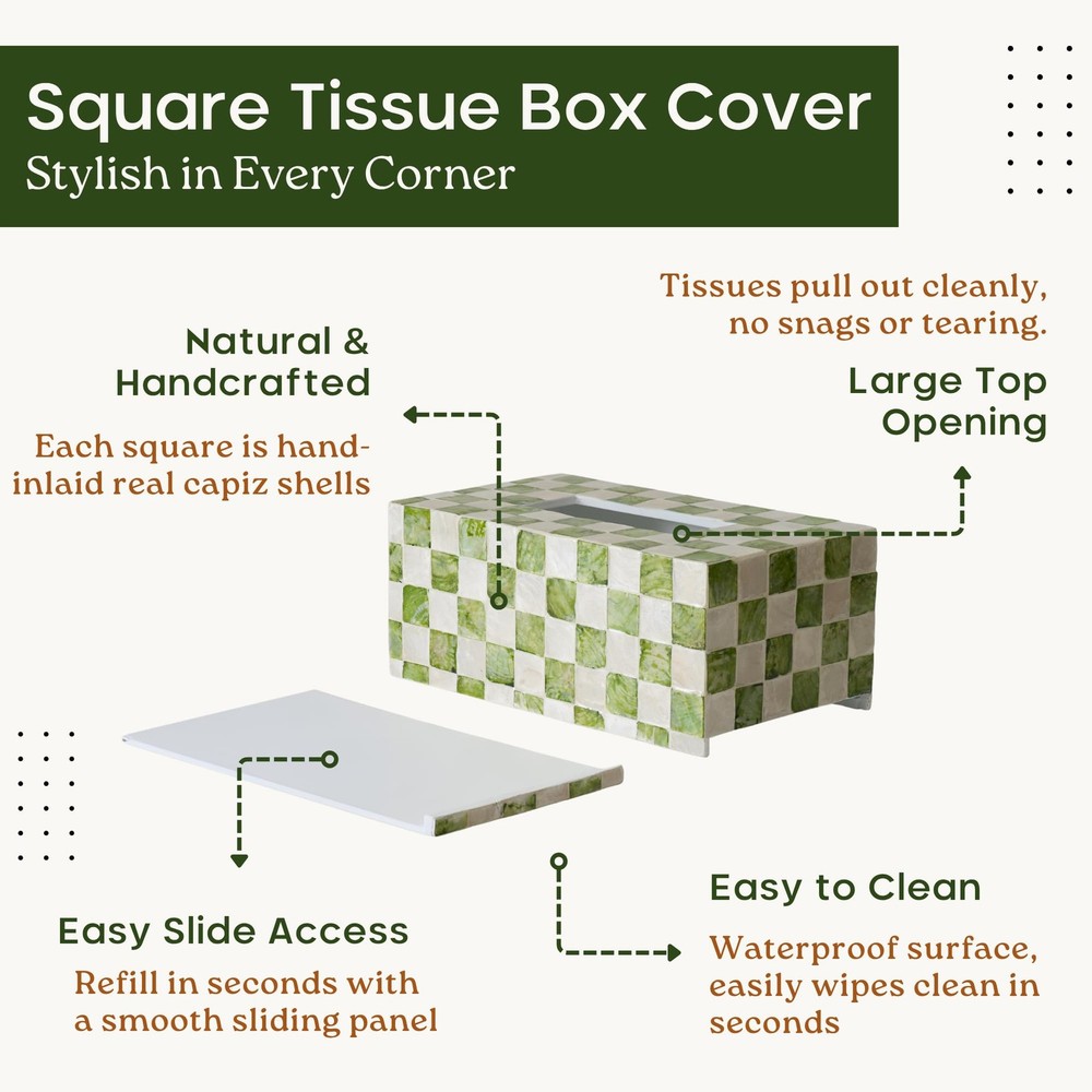 Rectangle Checkered Tissue Box Cover Handmade with Capiz Shells, Decorative T...