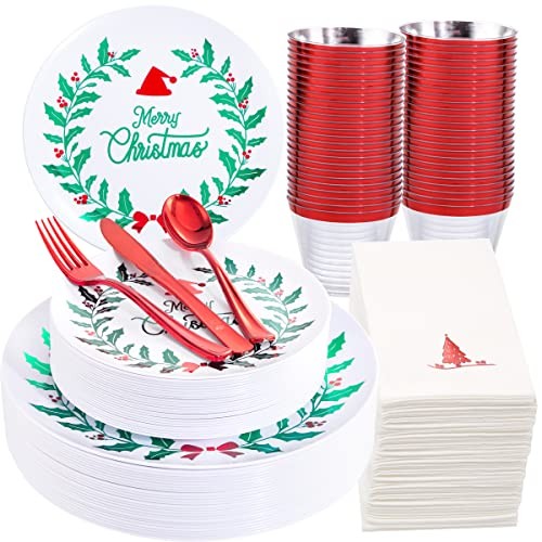 175PCS Christmas Plastic Plates - White & Green; Includes 50 White Green