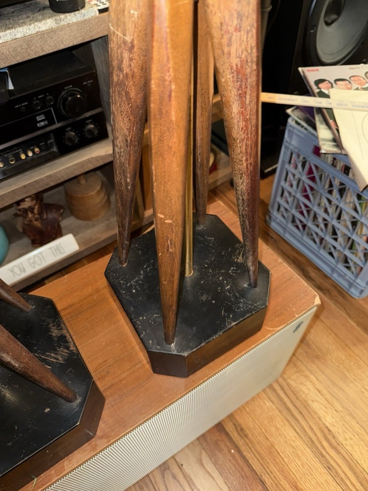 Pair Mid Century Modern Walnut Star Bursting Sputnik Shape Bases Table Lamps