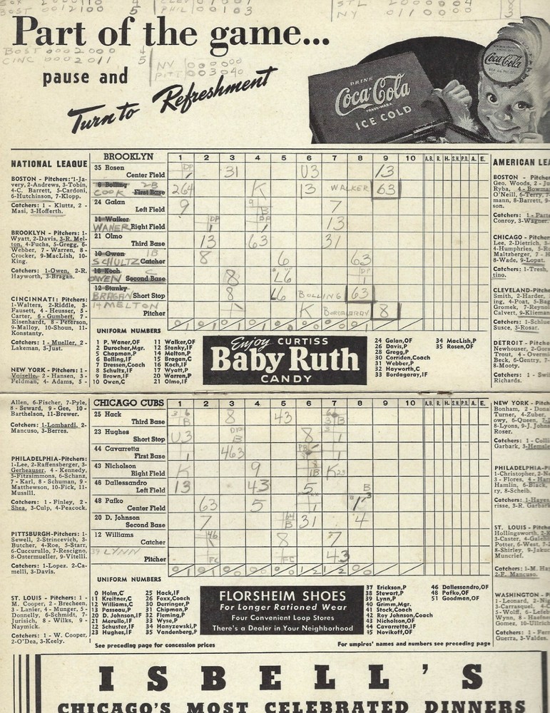 1944 8/12 baseball program Brooklyn Dodgers Chicago Cubs Red Lynn WIN
