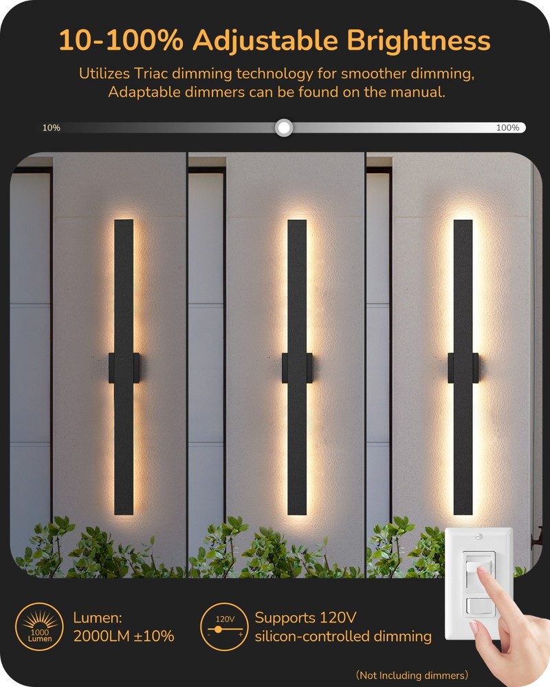 EDISHINE 39.3" Outdoor Wall Light Dimmable 3CCT IP65 Waterproof 2-Pack Black