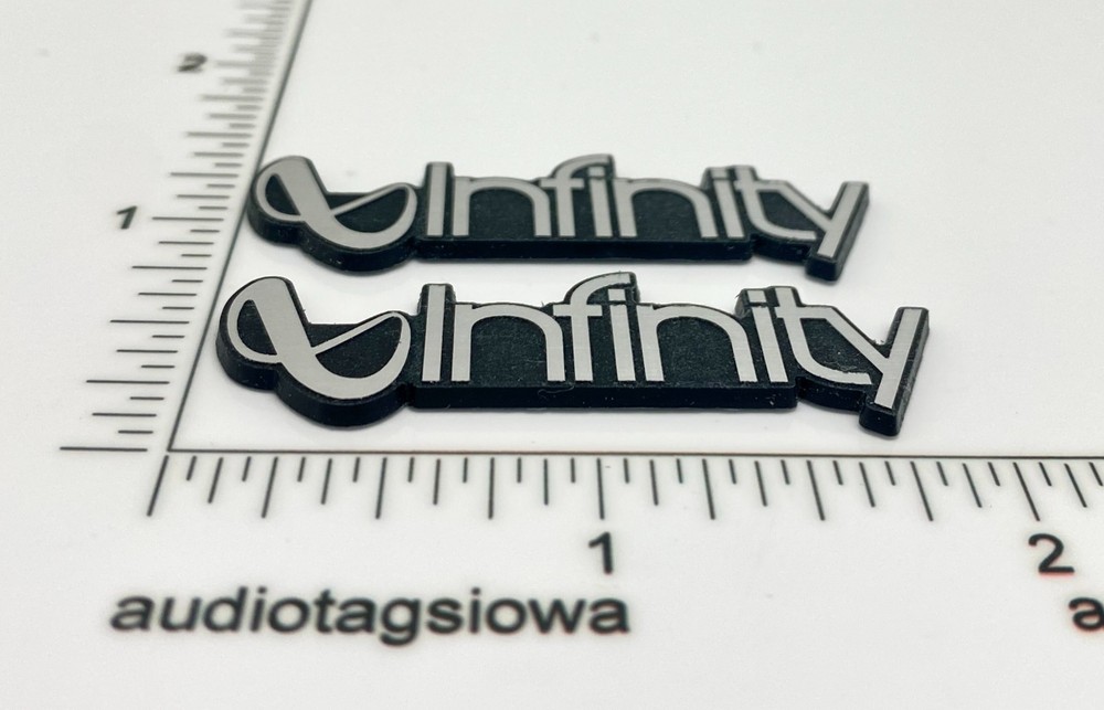 Infinity Speaker Badge PAIR Custom Incised Silver Acrylic Self Stick