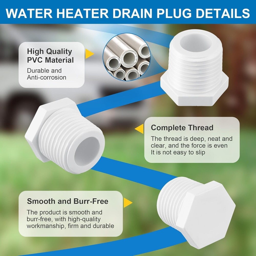 6 Pieces RV Hot Water Heater Drain Plug with Tape, 1/2 Inch NPT Drain Plug Wh...