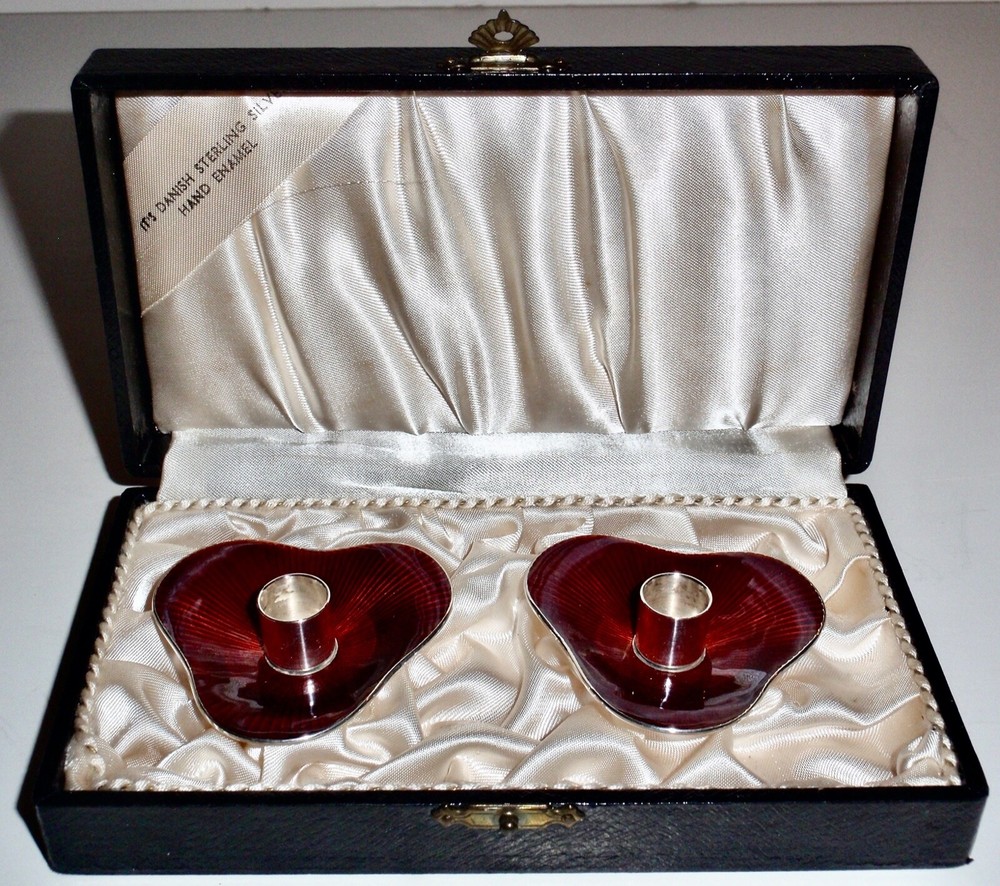 MEKA Denmark 1950's Sterling Silver Ruby Guilloche Enameled Trifold Candlesticks