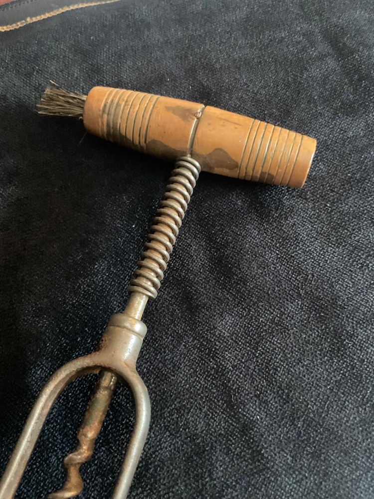 Antique Unique Spring Corkscrew Turned Wood Handle with Brush