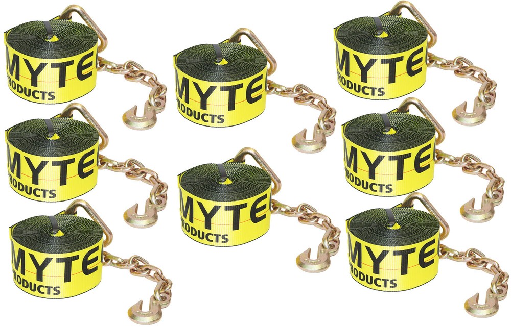(8 Pack) 3"X30' Winch Straps w/chain, WLL 5000 Flatbed Tie Down Strap
