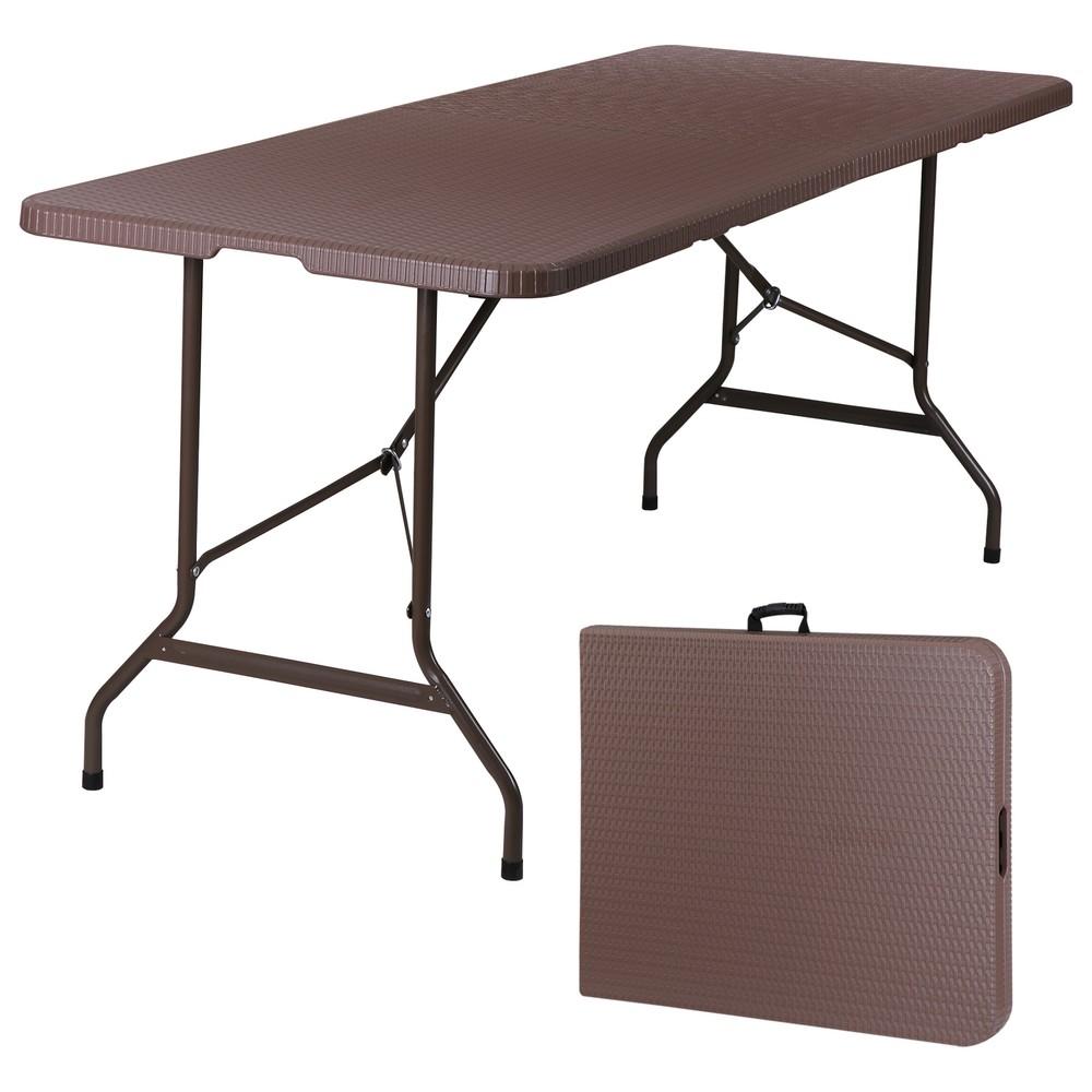 6ft Folding Table Portable Foldable Card Table Fold-in-Half Utility Table Brown