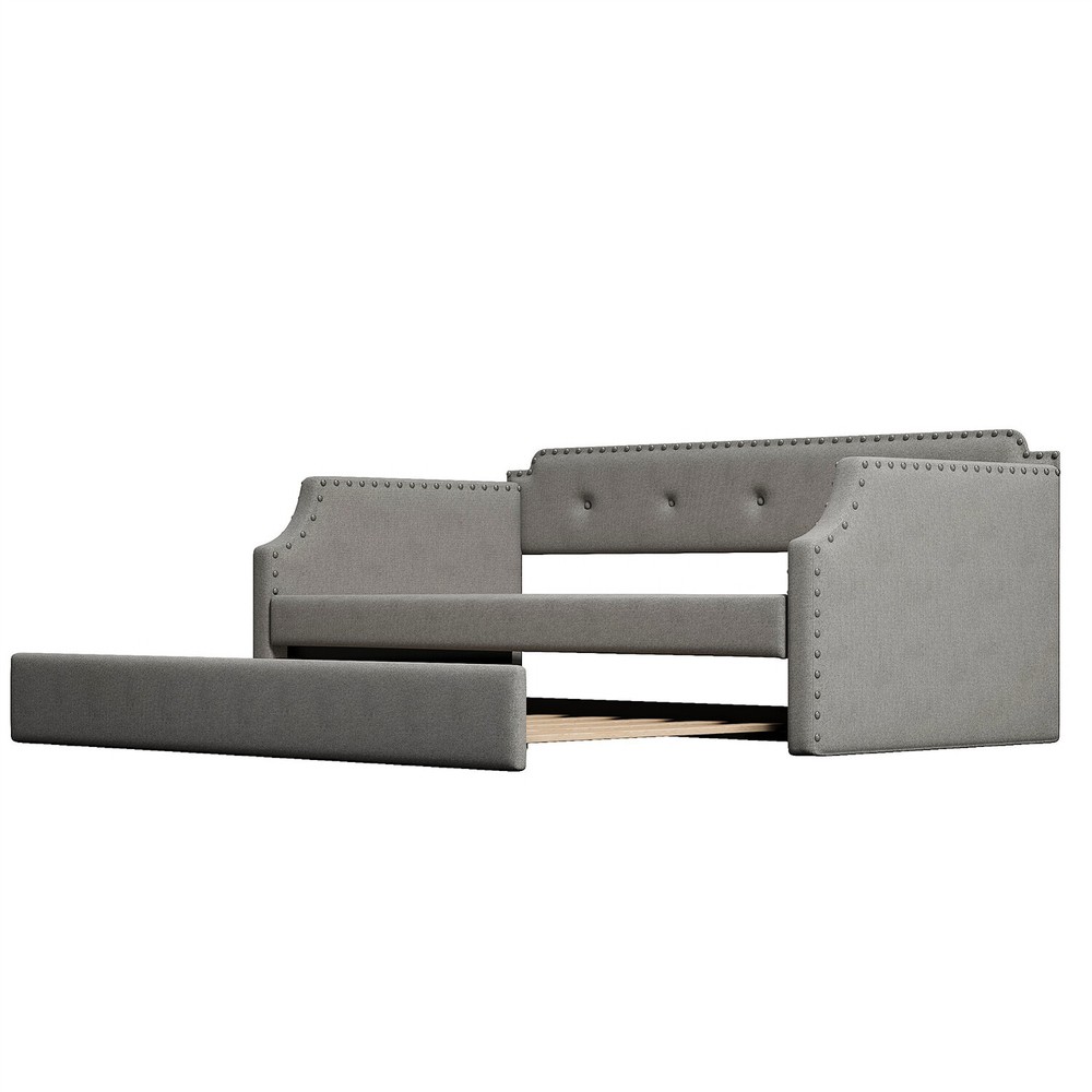 Twin Size Daybed w/ Pull-Out Trundle Bed Upholstered Bed Frame Sofa Bed US