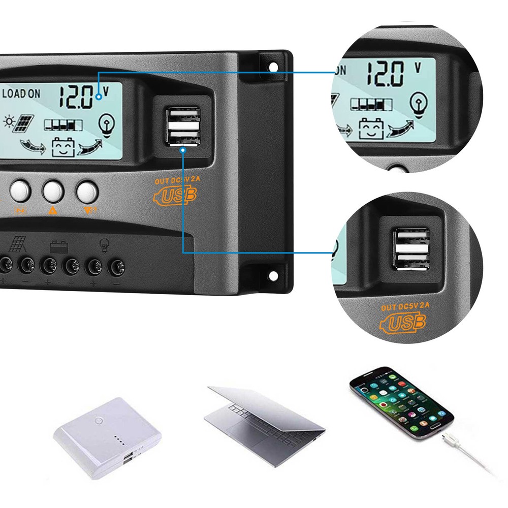 60A MPPT Solar Panel Battery Charge Controller 12V/24V LCD Regulator Dual USB