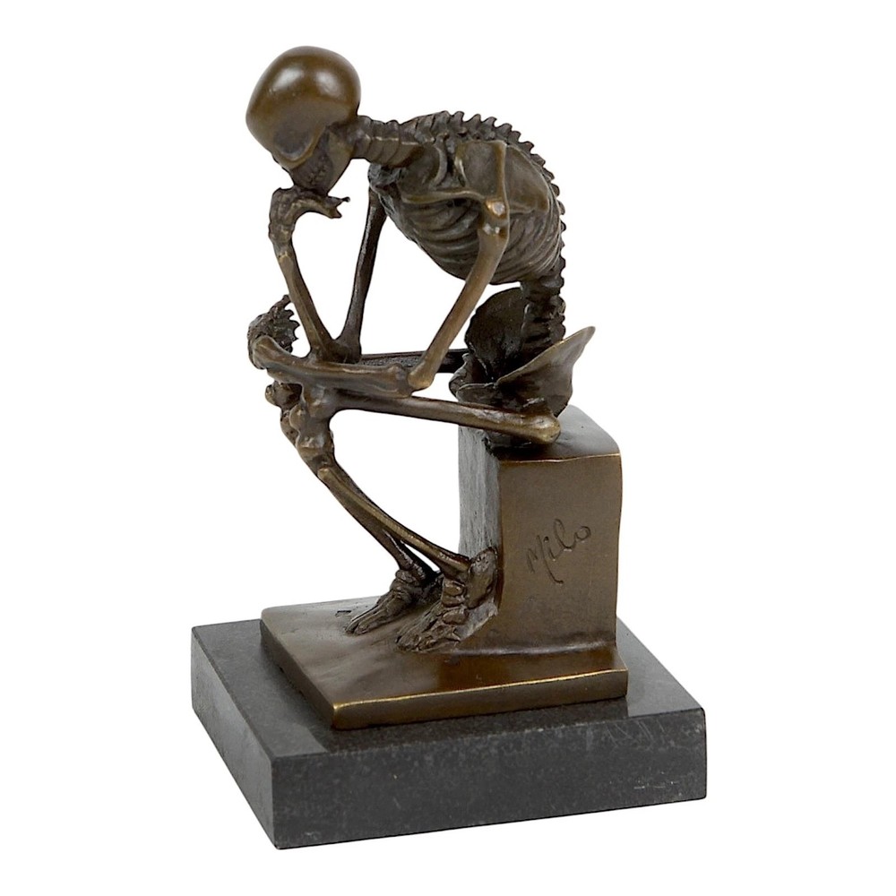 Real Bronze Marble Base Thinking Skeleton Statue 15cm