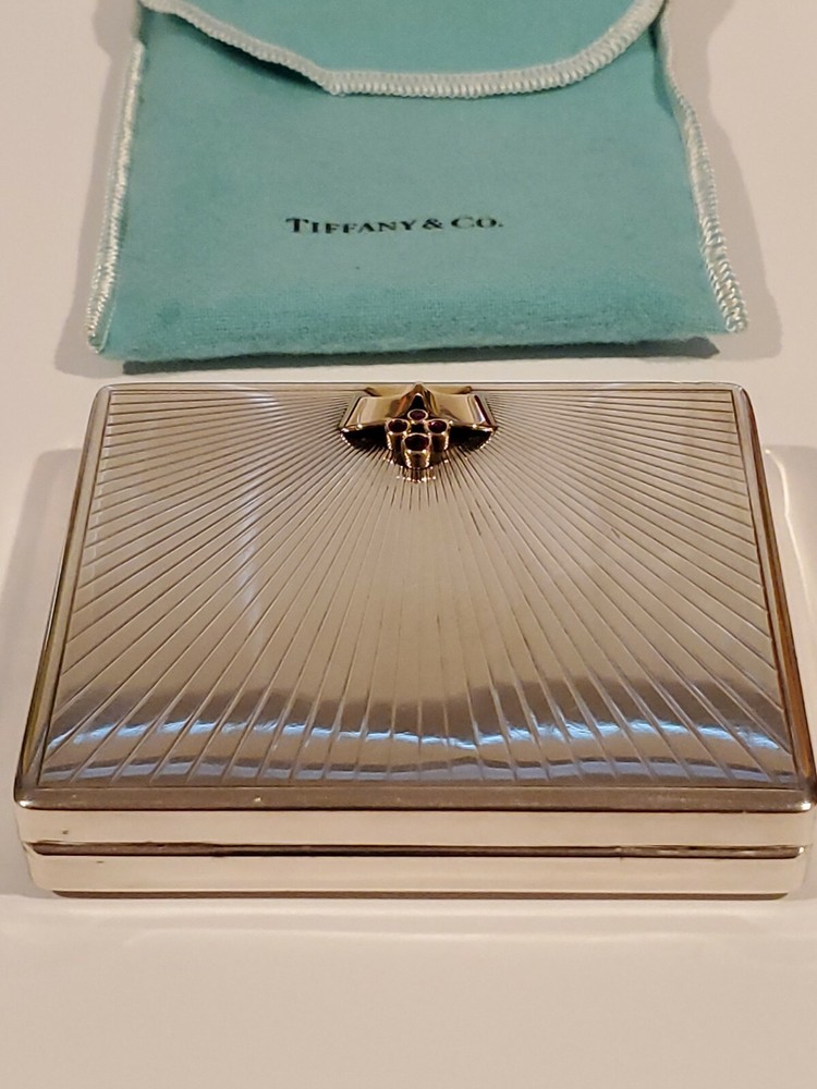 Large Tiffany & Co Sterling Silver/14k and Ruby Compact Or Storage Box + pouch