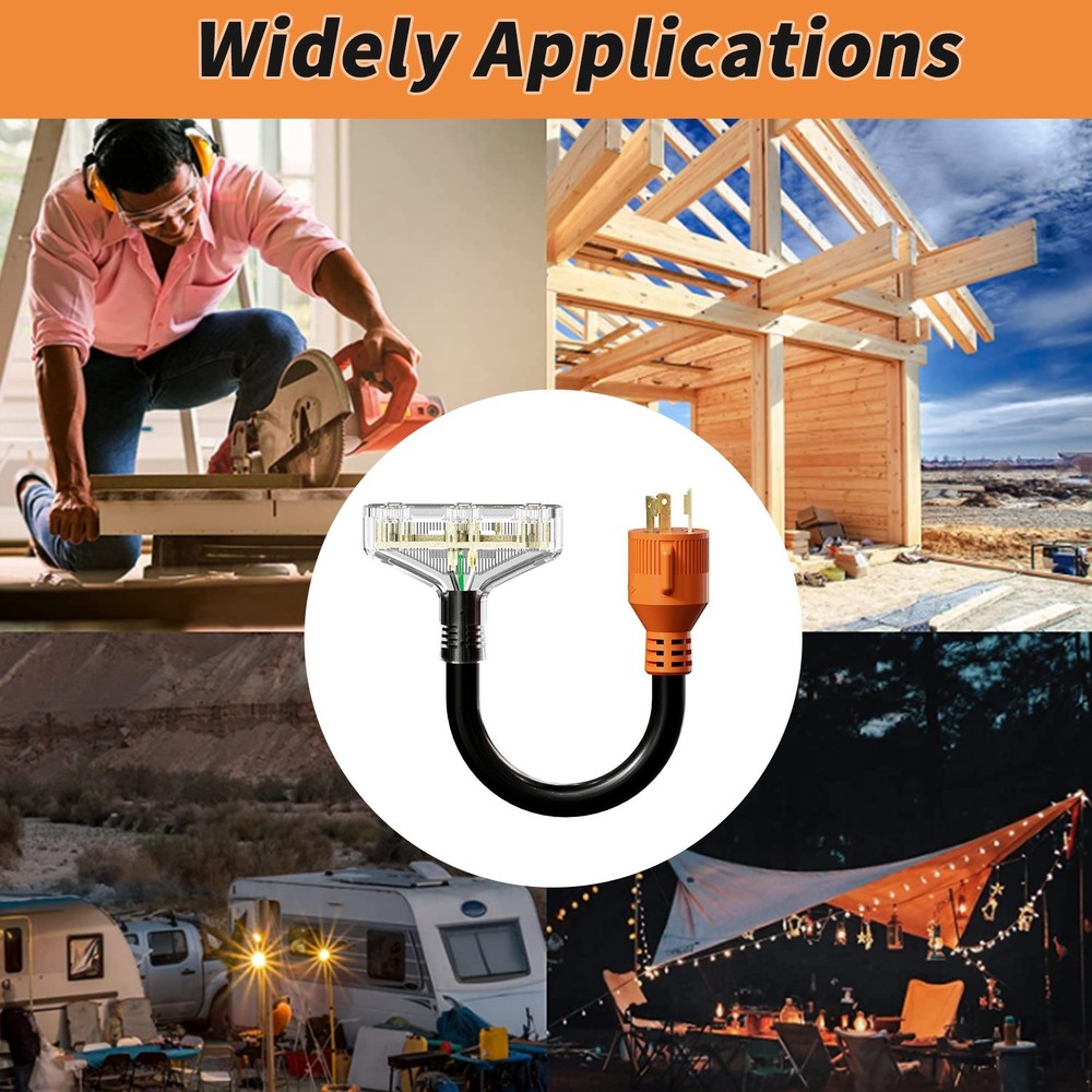 RV Generator Power Adapter 30AMP Male 3-Prong Plug to 3x 15 AMP Female cord