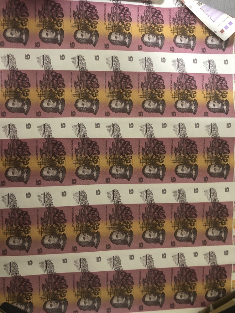1990 Australia $5 Banknote Uncut 40pc sheet
