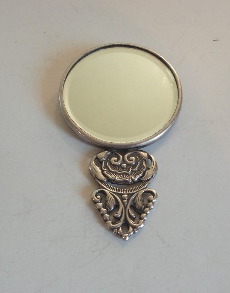 Danish Silver Metal Purse Mirror, Pierced Handle