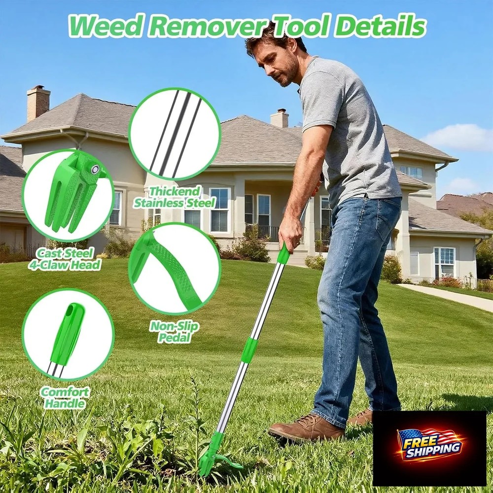 Weed Puller Tool - Stand Up Weed Remover Tool with 4-Claw Steel Head, 50" Adjust