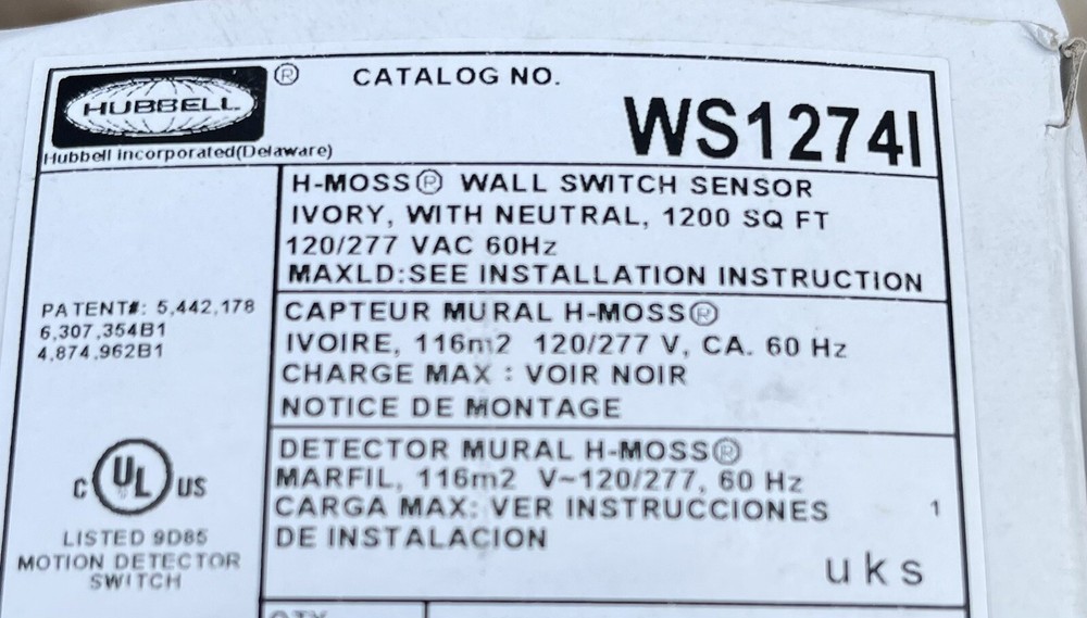 Hubbell Wall Switch Sensor Ivory WS1274I