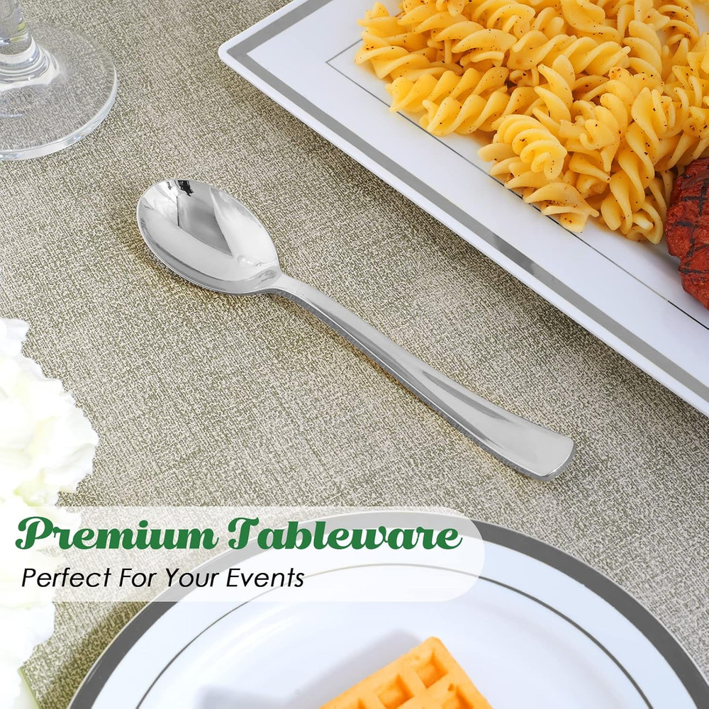 300 Pack 6.8" Disposable Silver Plastic Spoons, Solid and Durable Plastic Cut...