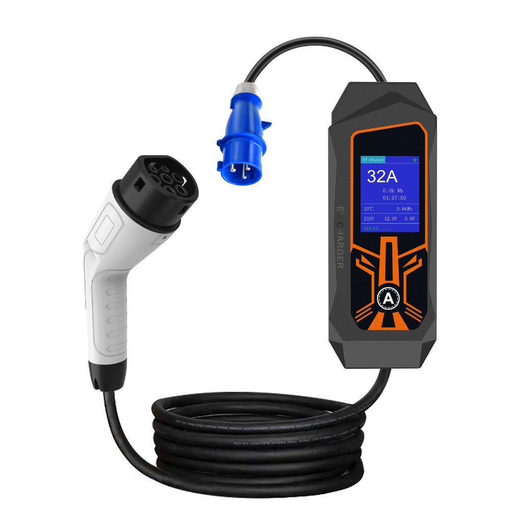 Portable EV Charger Type 2 to 32A Commando Socket, 1 phase, Delay Timer, 5metre