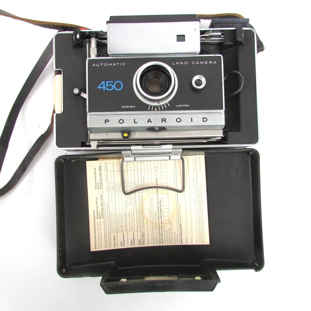 Vintage POLAROID 450 Automatic Land Camera w/ Case + Misc Papers Decor UNTESTED