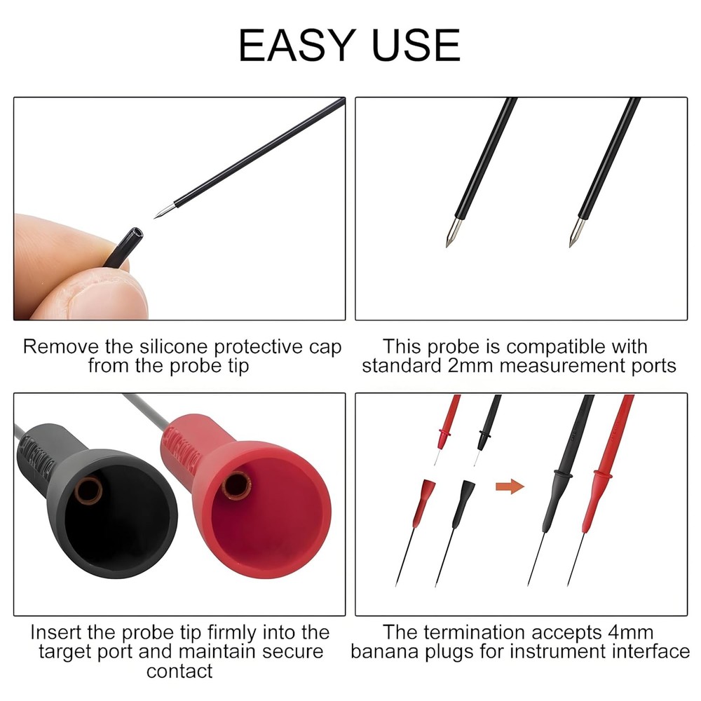 4 Pack 2mm Extended Needle Test Probes, 600V/10A Non-Destructive Black-Red