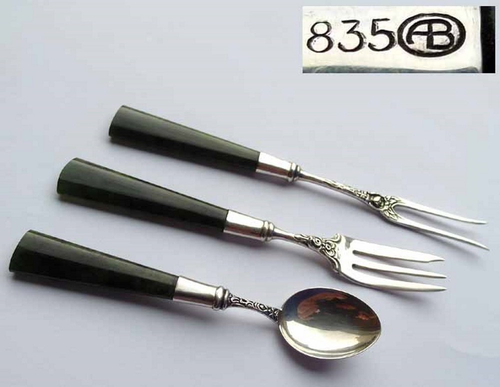 Set, Mocha Spoon + Serving Fork + Kitchen Fork, ALBO , 835er Silver F648