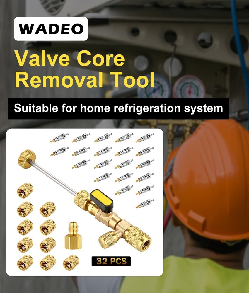 Valve Core Remover Tool with 20 Valve Cores & 10 Brass Nuts for A/C Systems
