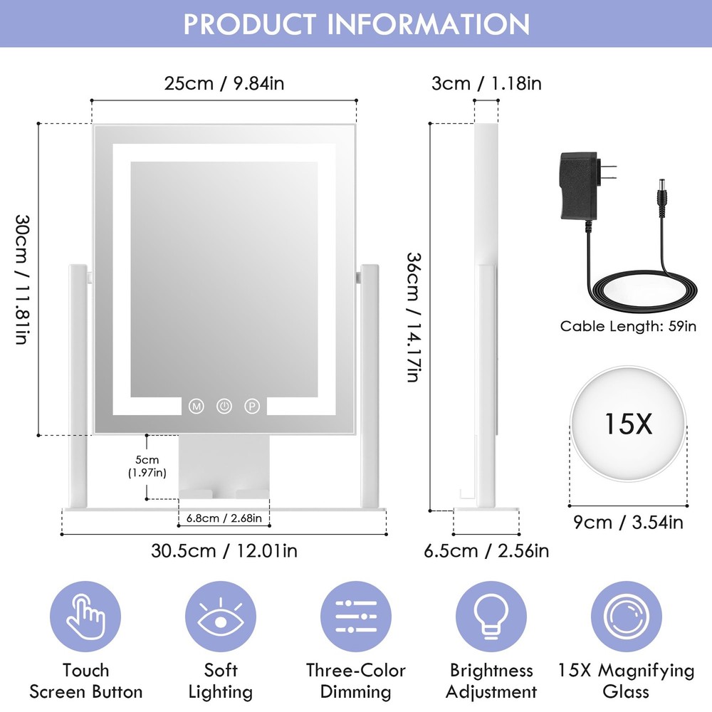 Makeup Mirror With Lights 360 Rotatable 15X Spot Mirror Touch Sensor AC Power