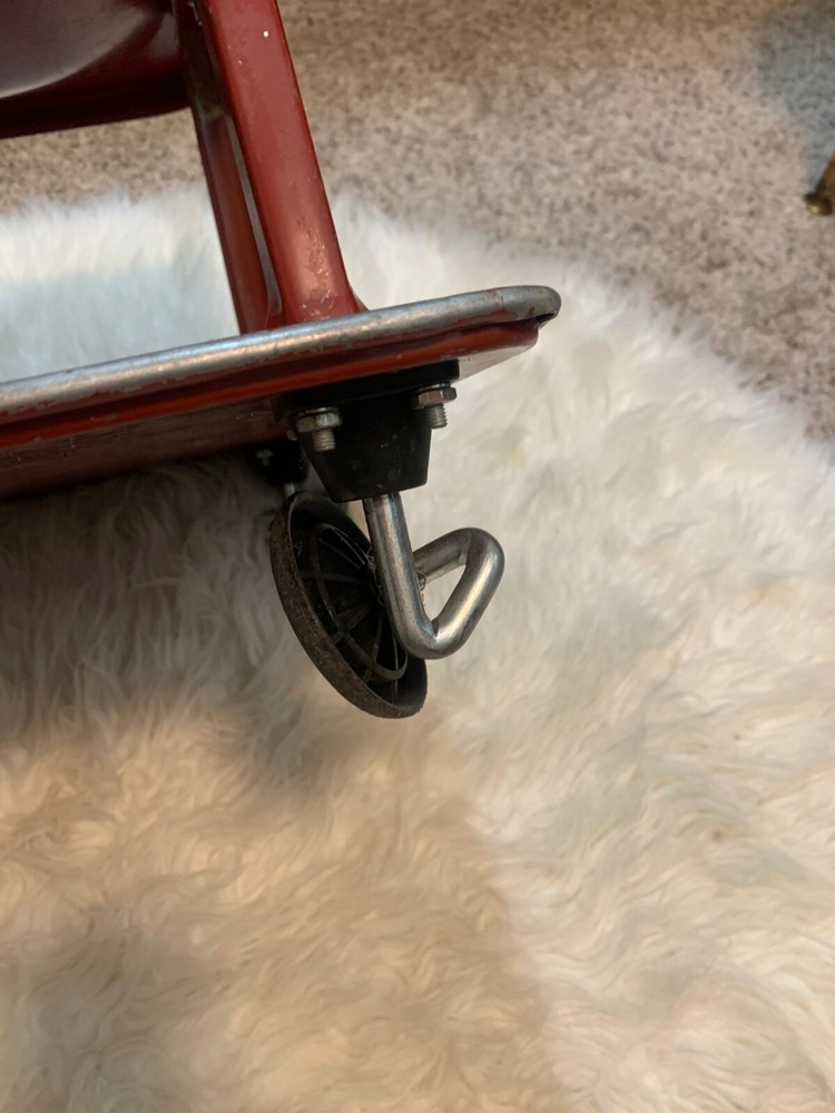 VINTAGE RED METAL ROLLING GARAGE STOOL