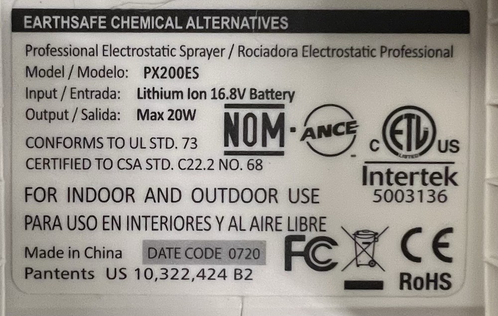 Protexus Model PX200ES Handheld Cordless Electrostatic Spraying Disinfector