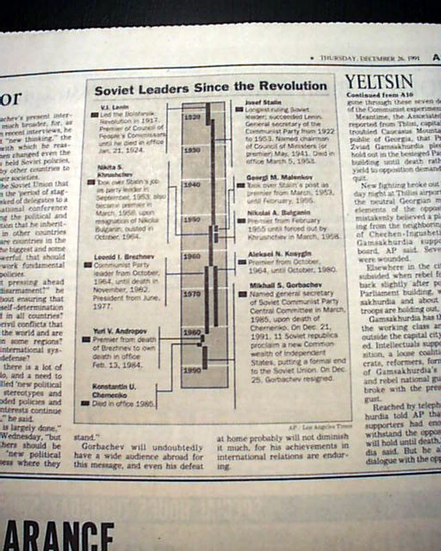 COLD WAR ENDS Soviet Union & Mikhail Gorbachev CCCP Termination 1991 Newspaper
