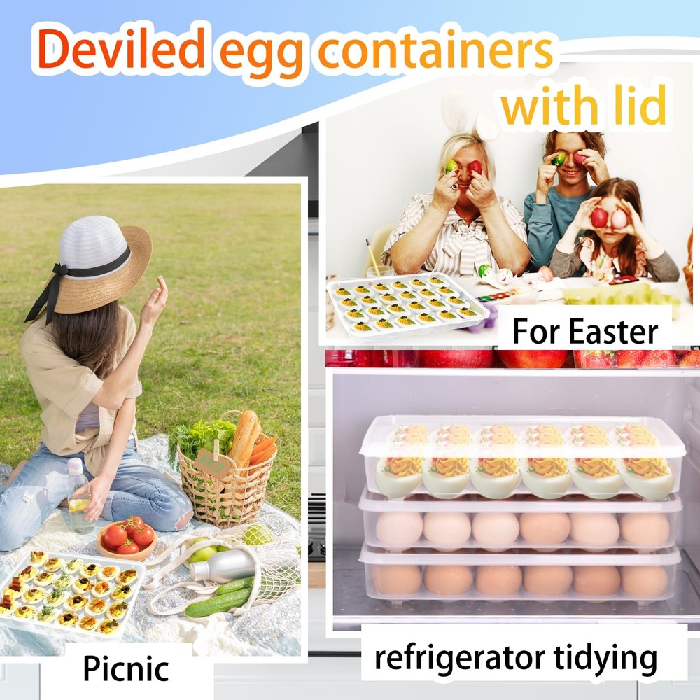 3 Pack Portable Deviled Egg Tray Carrier with Lid,Portable Egg Storage Contai...