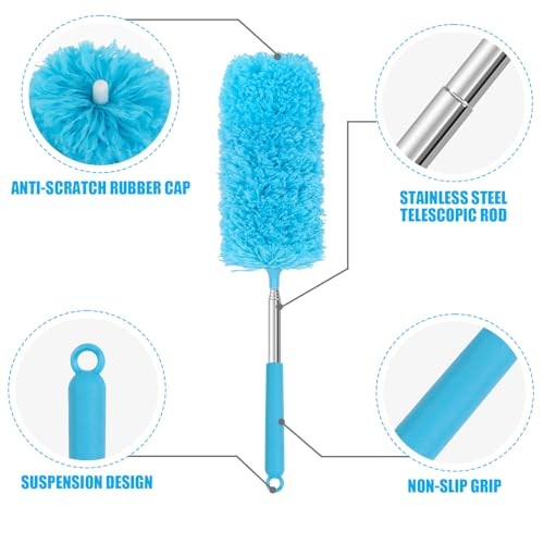 Mini Microfiber Duster for Cleaning, Hand Duster with Extension Pole, Blue