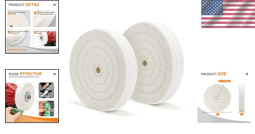 High-Efficiency 6" Buffing Wheel for Bench Grinder - Extra Thick Cotton - 2 PCS